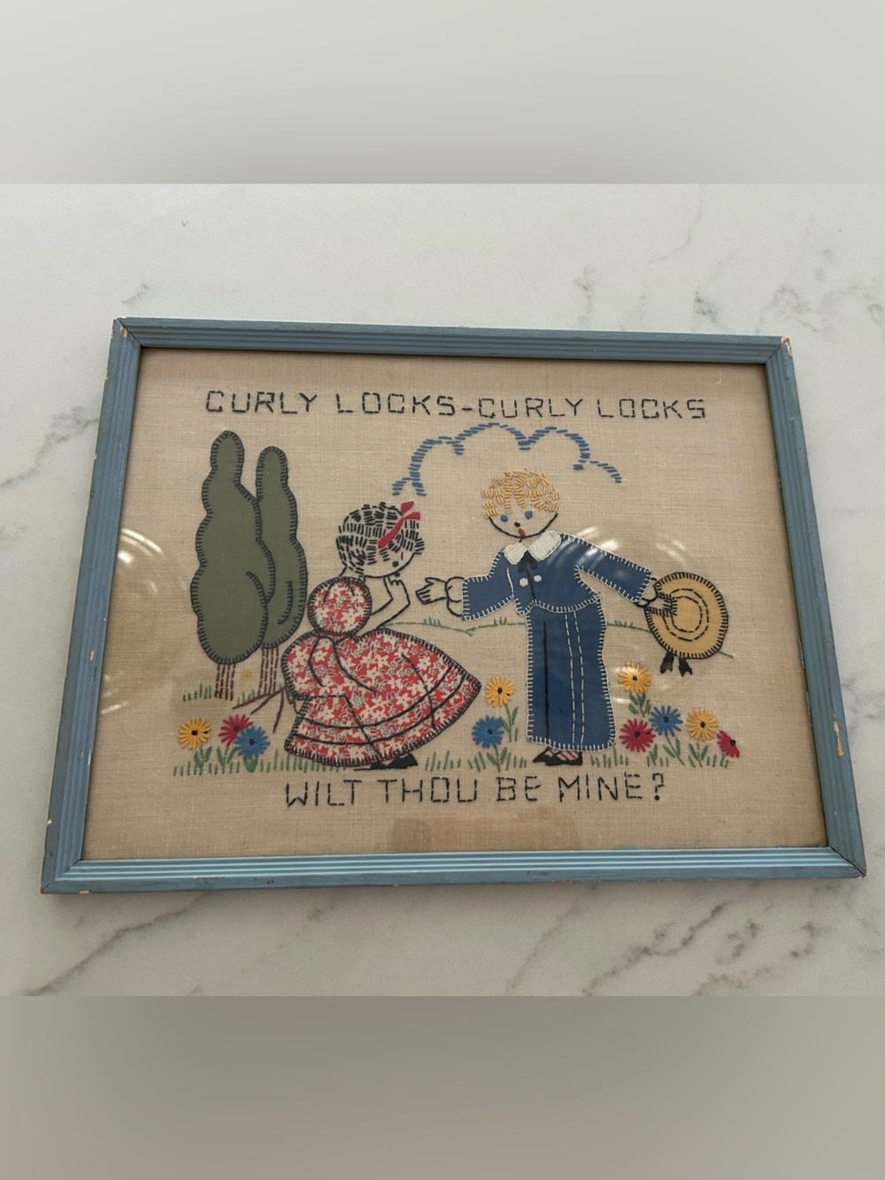 Vintage Blue Framed 'Curly Locks' Embroidered Wall Art